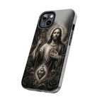 San Judas phone case with black and grey Gothic cathedral artwork, detail view 12