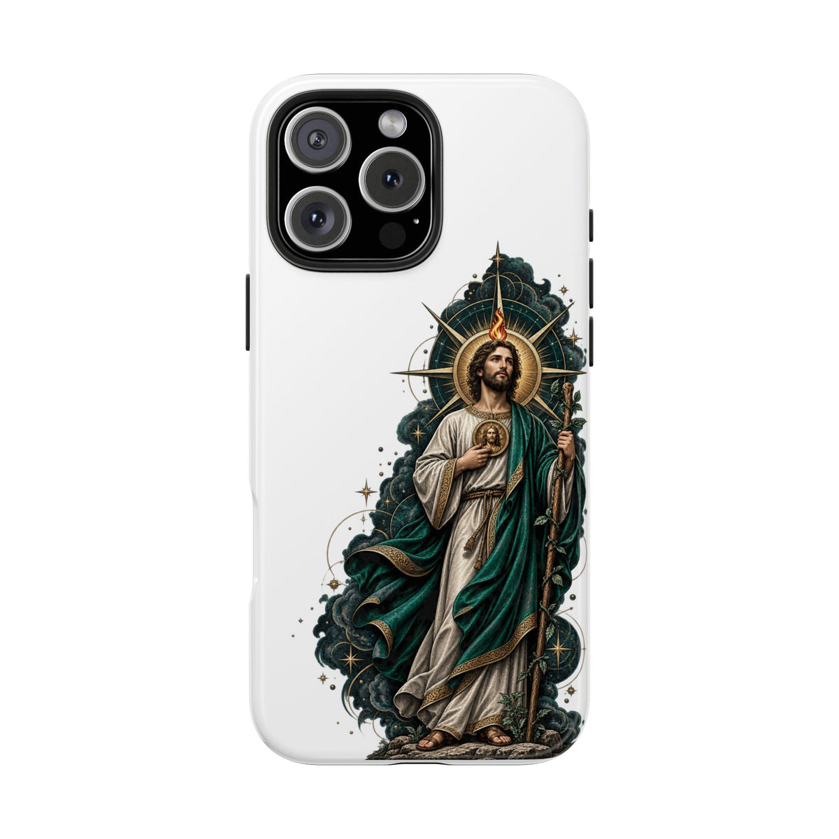 iPhone 16 Pro Max San Judas phone case with midnight blue compass artwork