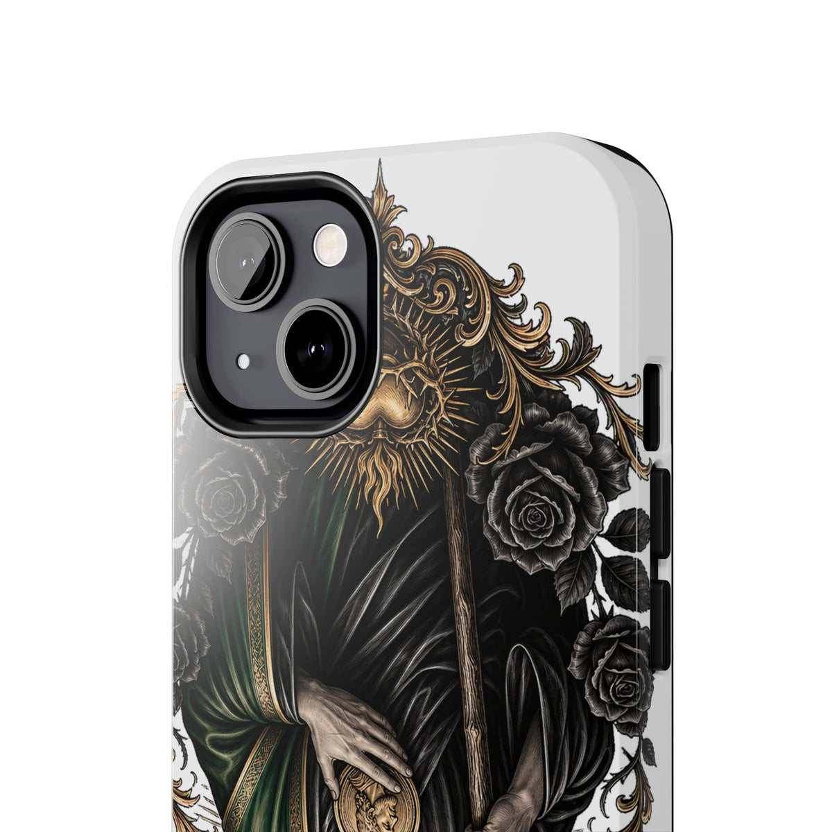 Black and gold Sacred Heart San Judas phone case detail view 13
