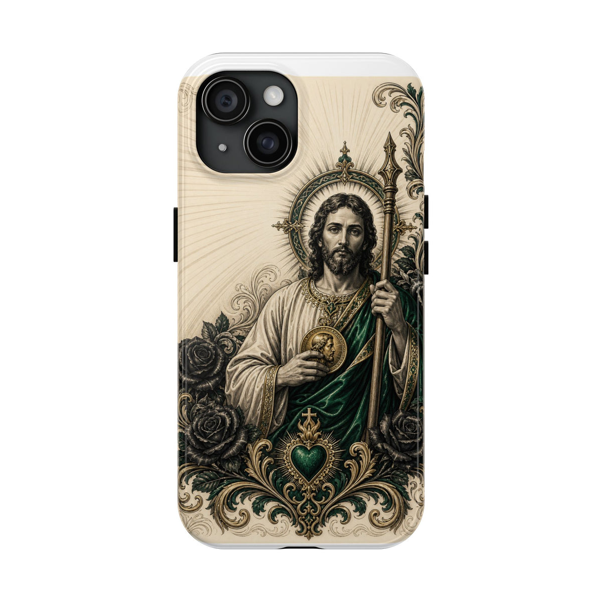 iPhone 15 San Judas phone case with emerald and gold Sacred Heart artwork
