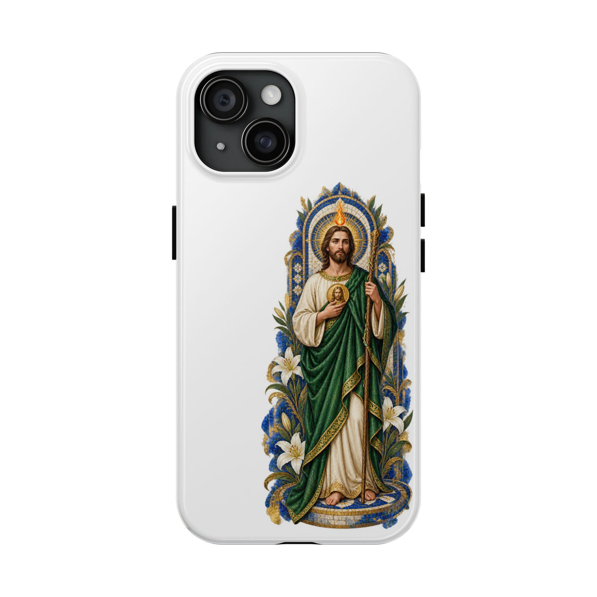 iPhone 15 San Judas phone case with cobalt chapel mosaic artwork