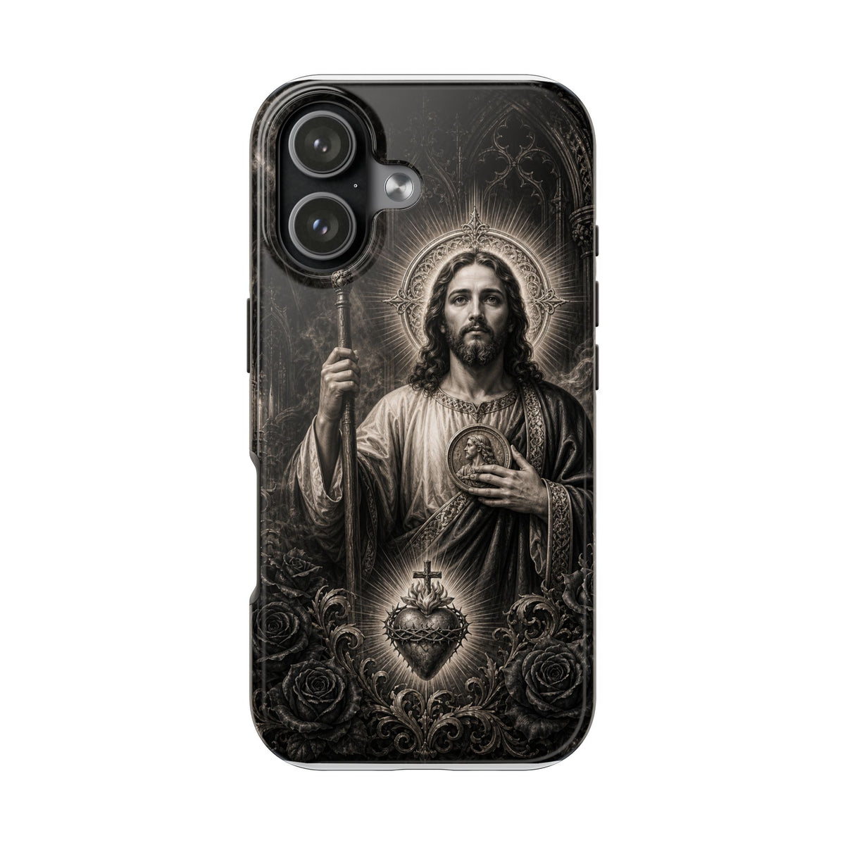 iPhone 17 San Judas phone case with black and grey Gothic cathedral artwork