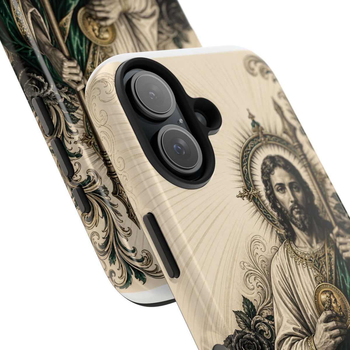 San Judas phone case with emerald and gold Sacred Heart artwork, detail view 26