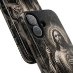 San Judas phone case with black and grey Gothic cathedral artwork, detail view 26