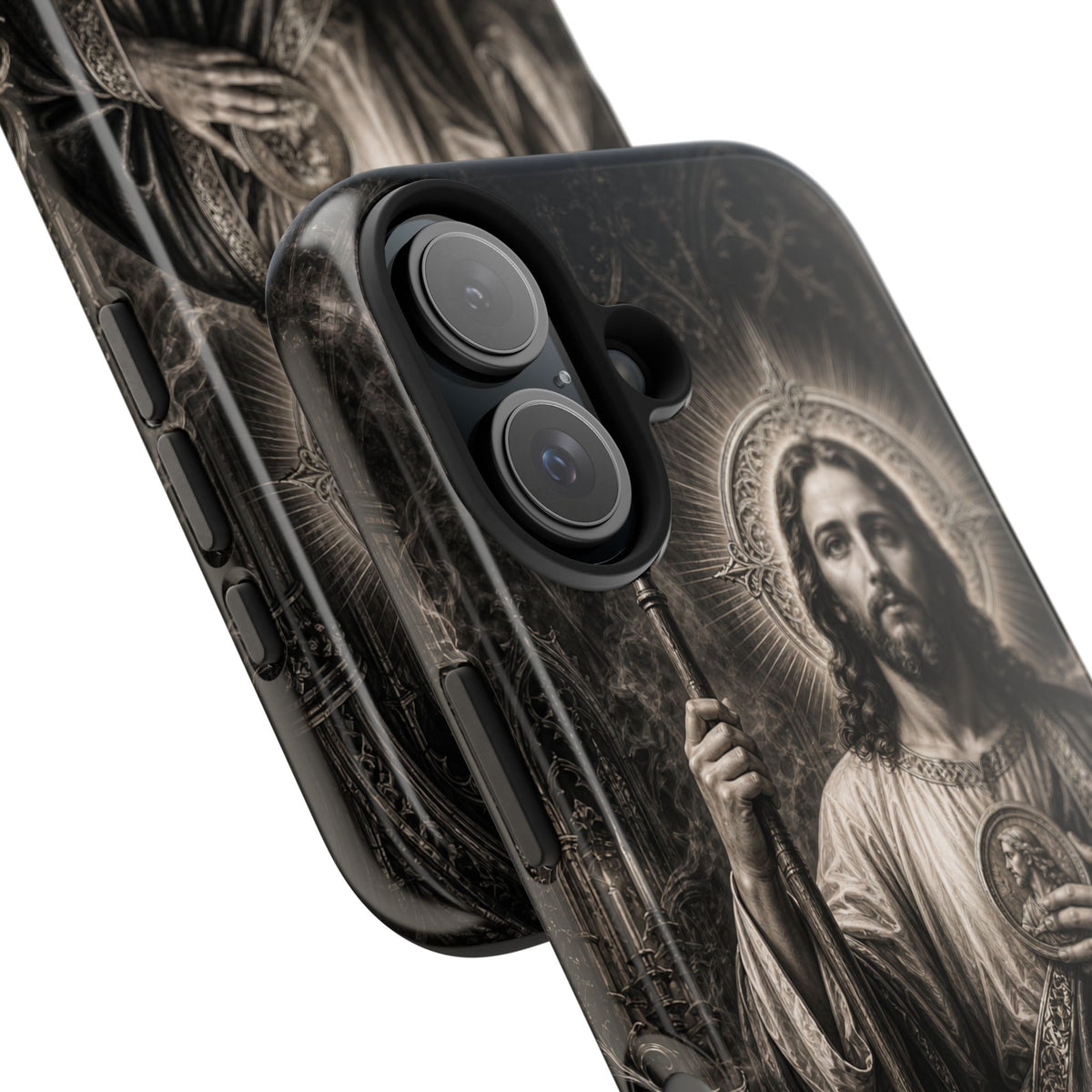 San Judas phone case with black and grey Gothic cathedral artwork, detail view 26