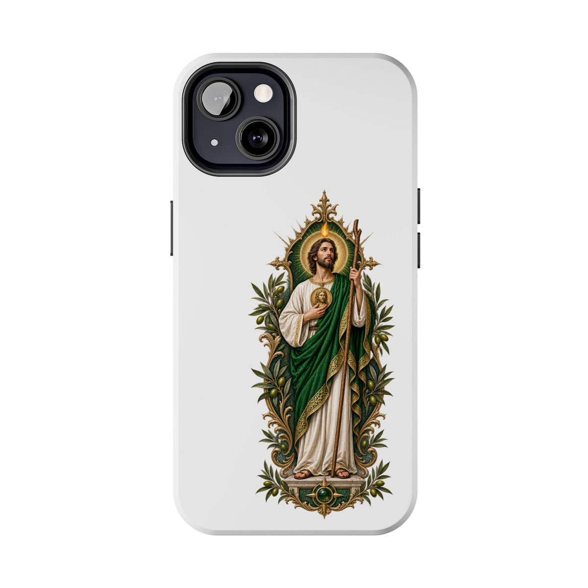 San Judas phone case with olive and antique gold reliquary artwork, detail view 11