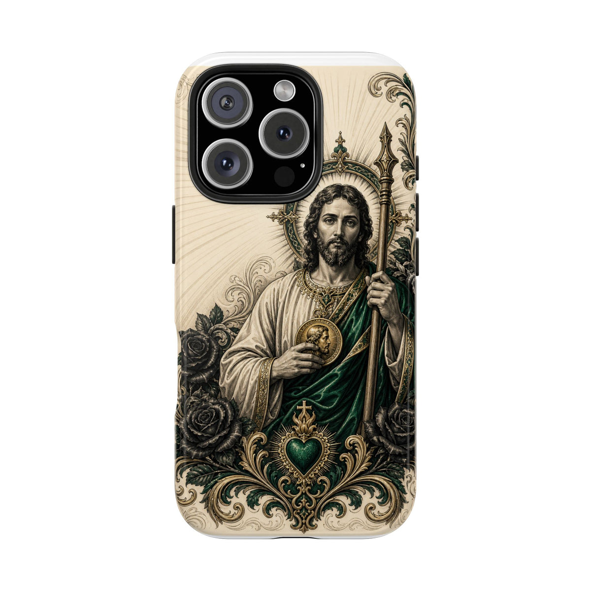 iPhone 16 Pro San Judas phone case with emerald and gold Sacred Heart artwork