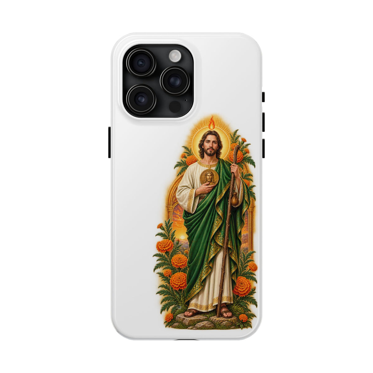 iPhone 15 Pro Max San Judas phone case with marigold sun arch artwork