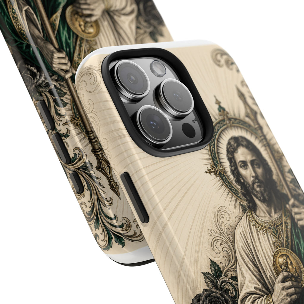 San Judas phone case with emerald and gold Sacred Heart artwork, detail view 24