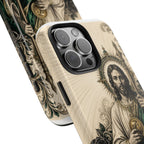 San Judas phone case with emerald and gold Sacred Heart artwork, detail view 24