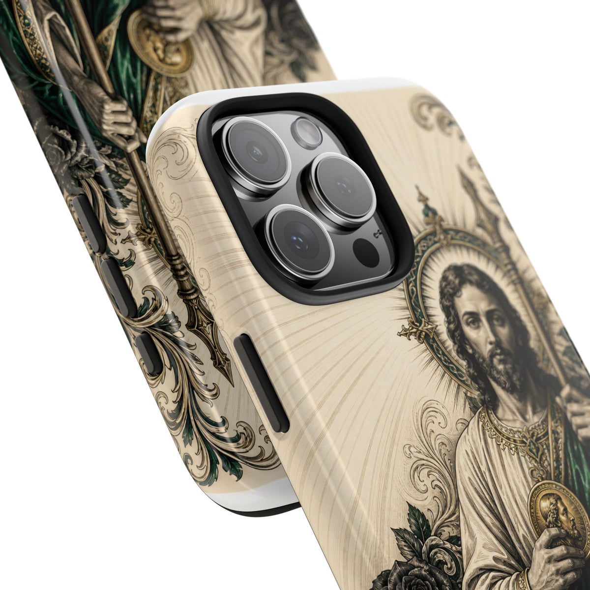 San Judas phone case with emerald and gold Sacred Heart artwork, detail view 24