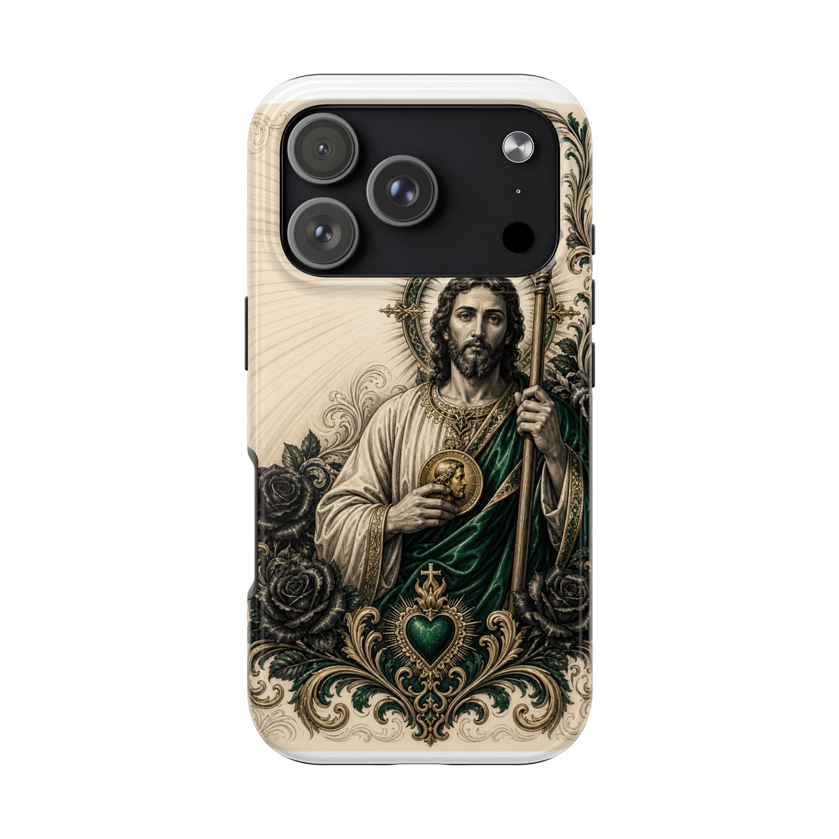 iPhone 17 Pro San Judas phone case with emerald and gold Sacred Heart artwork