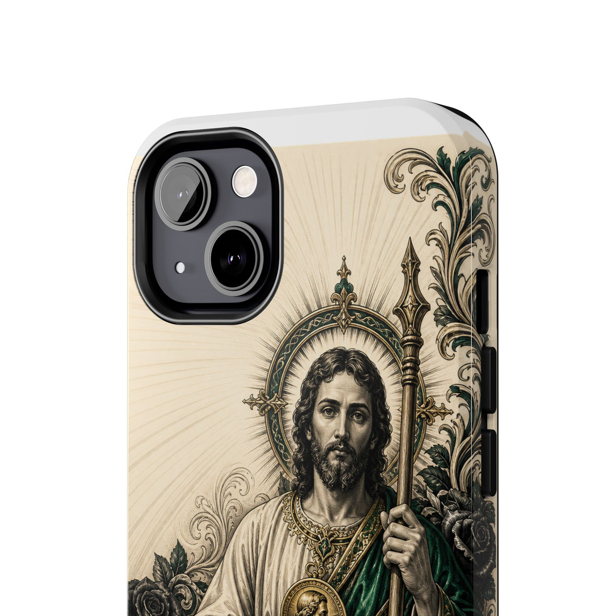 San Judas phone case with emerald and gold Sacred Heart artwork, detail view 13