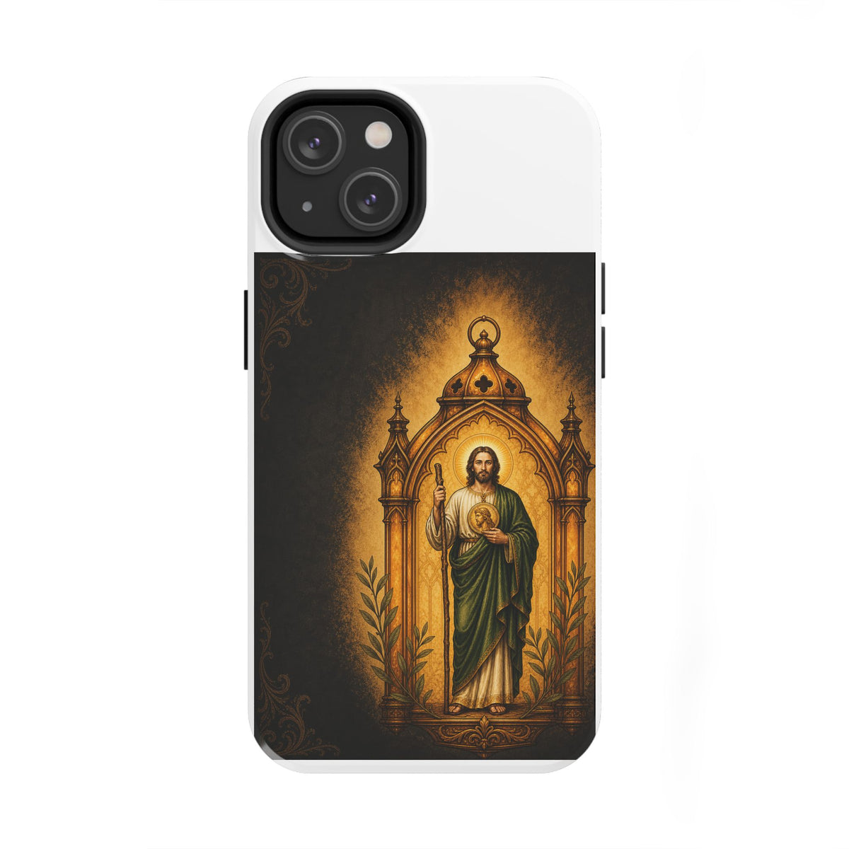iPhone 14 San Judas phone case with amber pilgrim lantern artwork