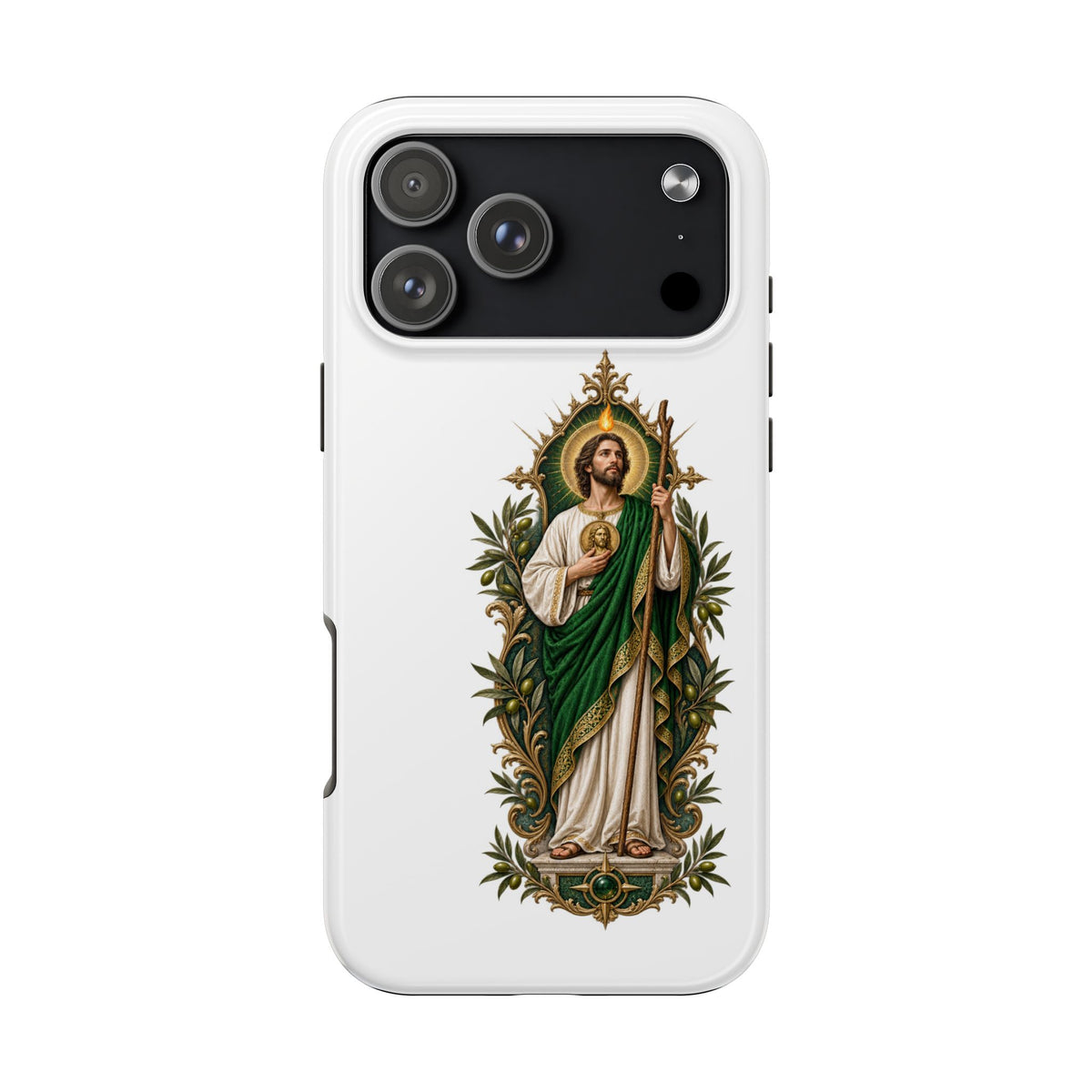 iPhone 17 Pro Max San Judas phone case with olive and antique gold reliquary artwork