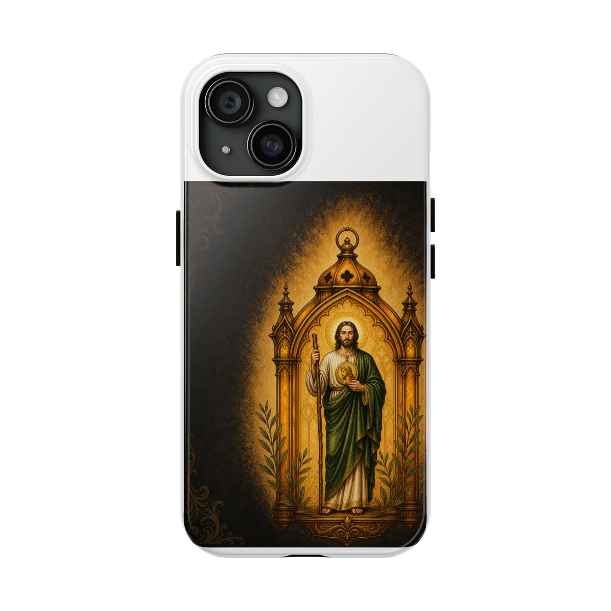 iPhone 15 San Judas phone case with amber pilgrim lantern artwork