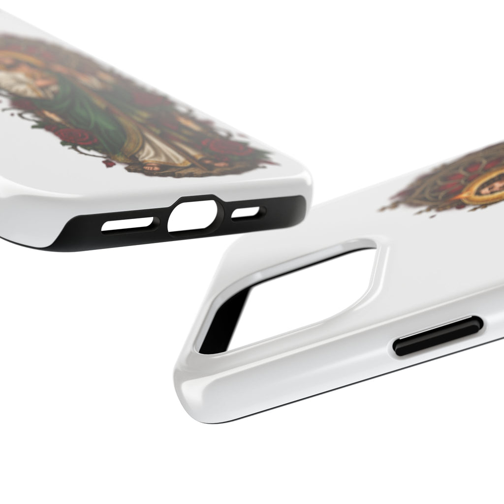 San Judas phone case with crimson rose window artwork, detail view 20