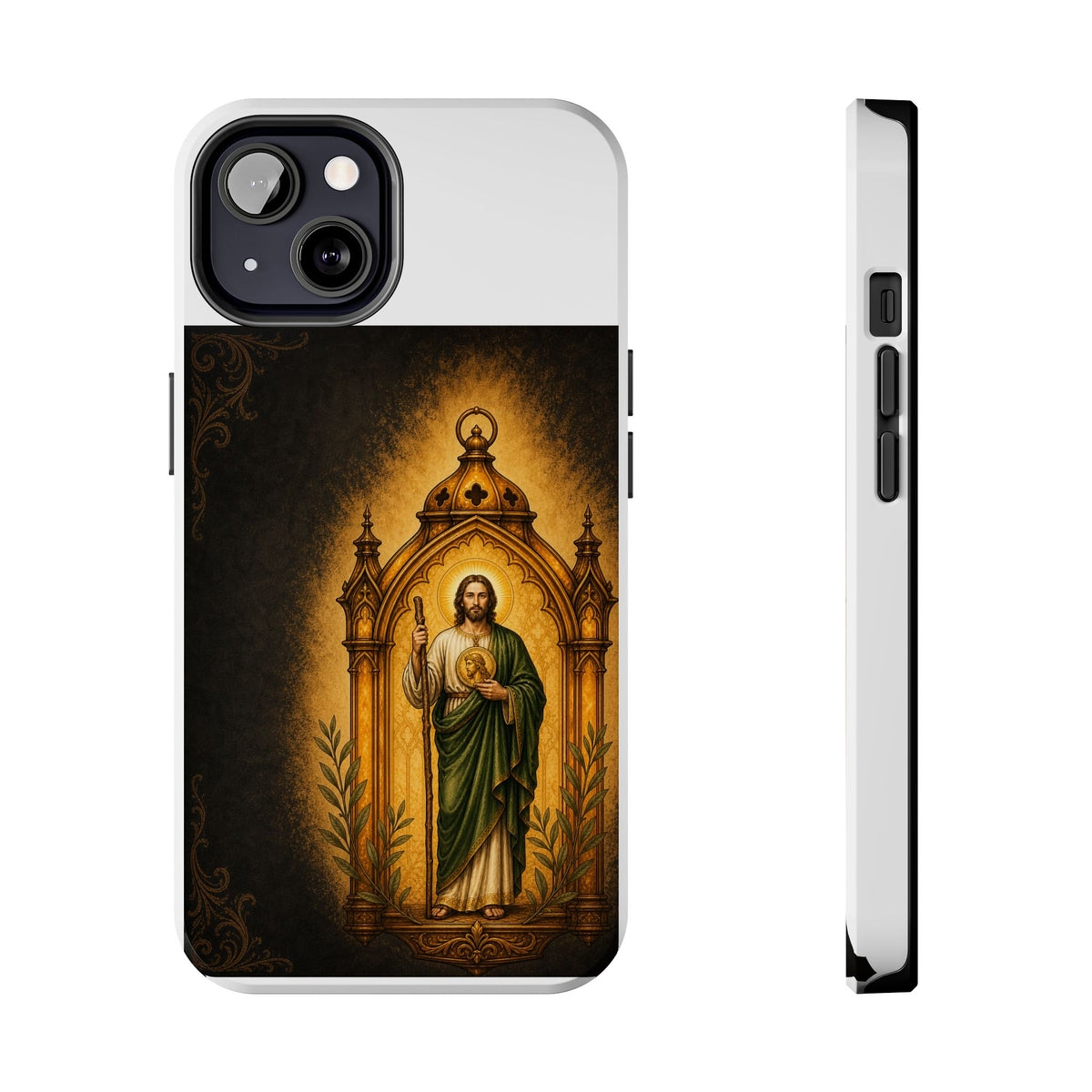 iPhone 13 San Judas phone case with amber pilgrim lantern artwork