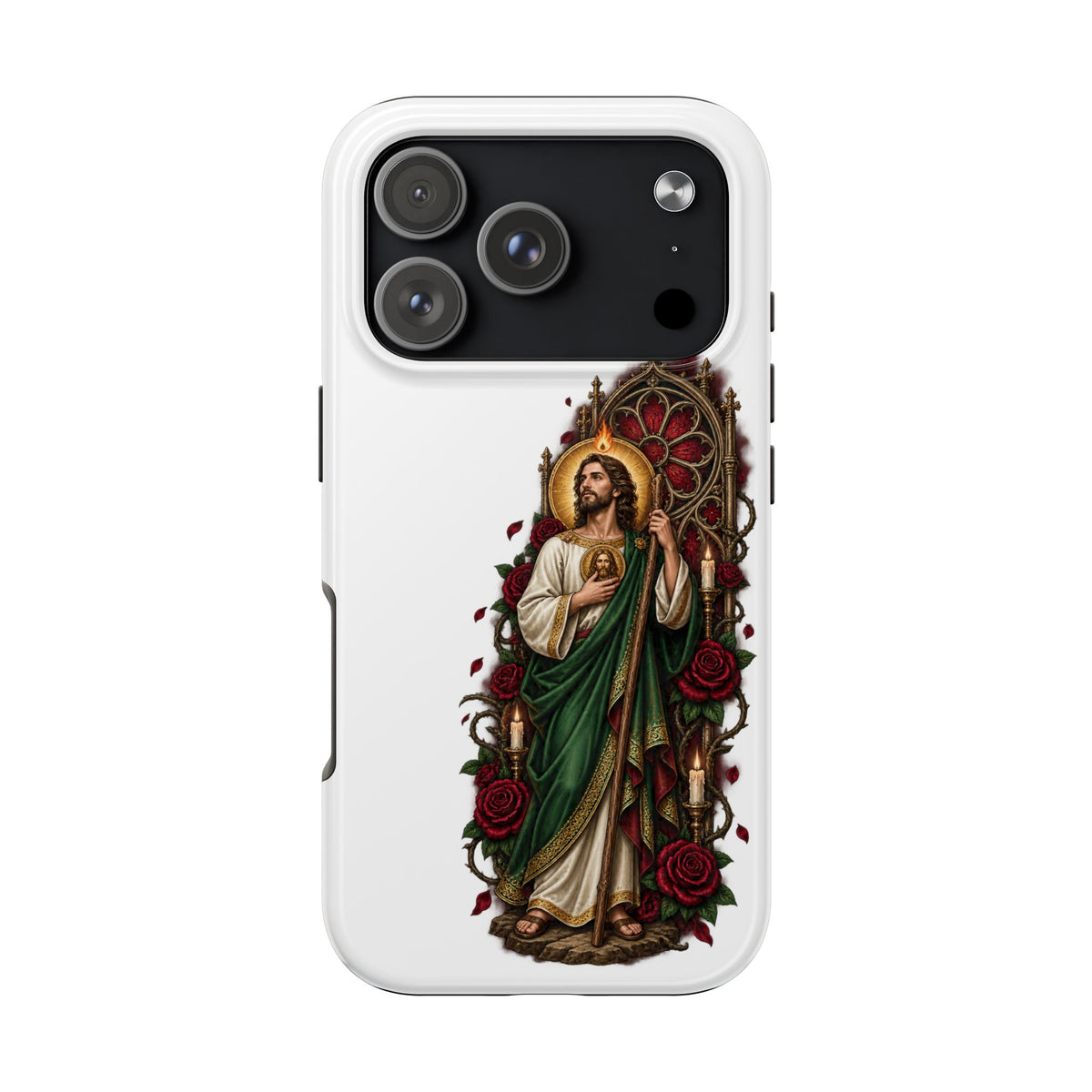 iPhone 17 Pro San Judas phone case with crimson rose window artwork