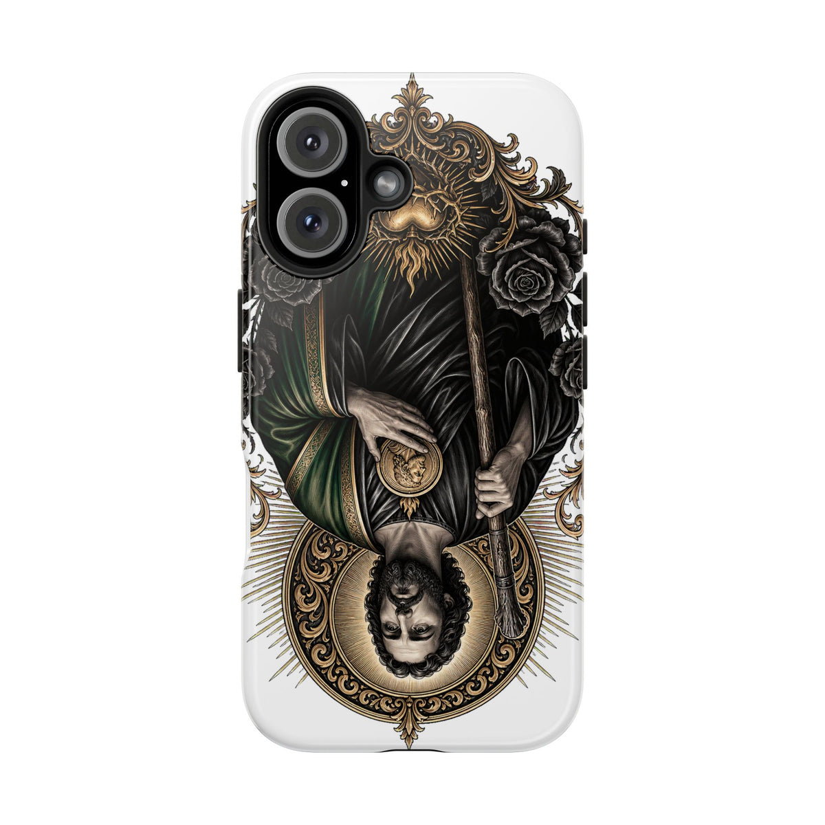 iPhone 16 San Judas phone case with black and gold Sacred Heart artwork