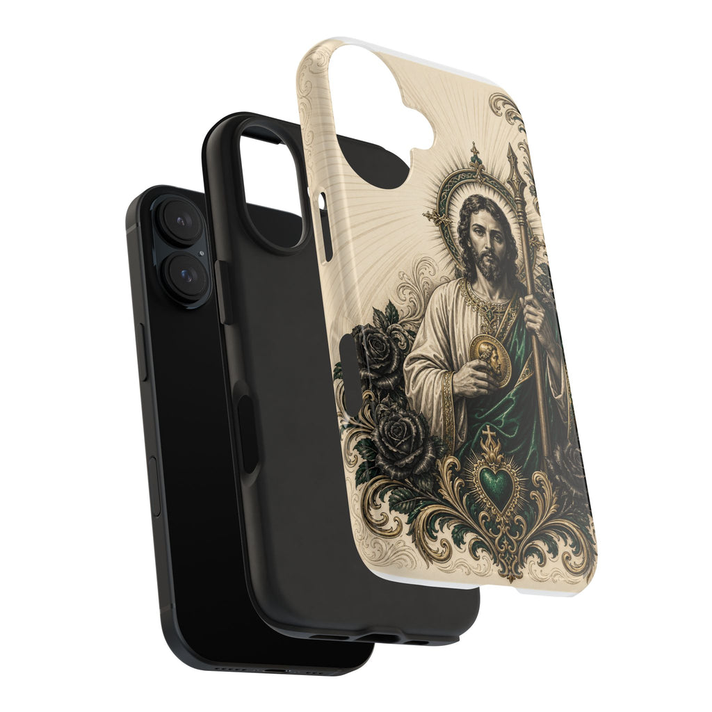 San Judas phone case with emerald and gold Sacred Heart artwork, detail view 27