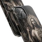 San Judas phone case with black and grey Gothic cathedral artwork, detail view 16