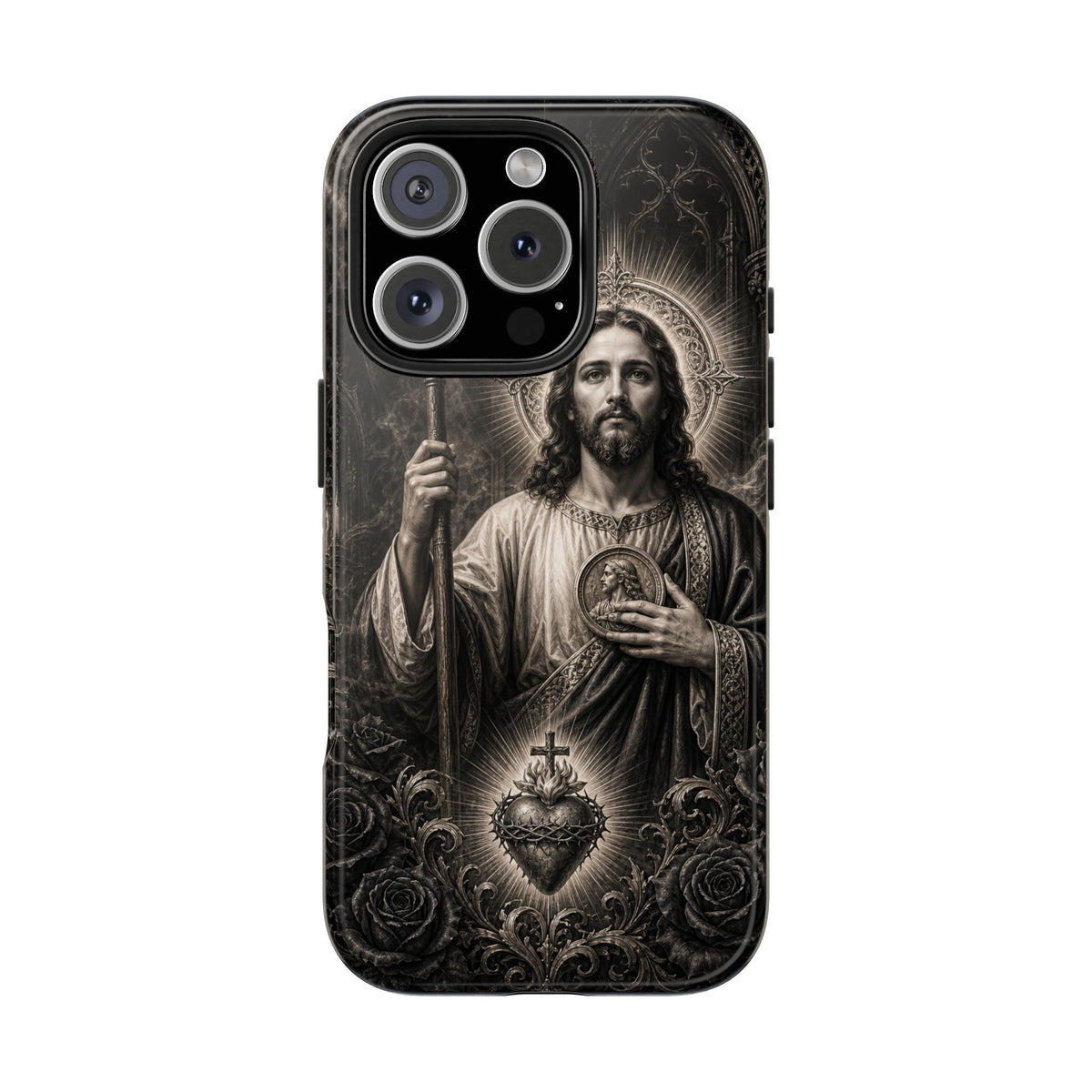 iPhone 16 Pro San Judas phone case with black and grey Gothic cathedral artwork