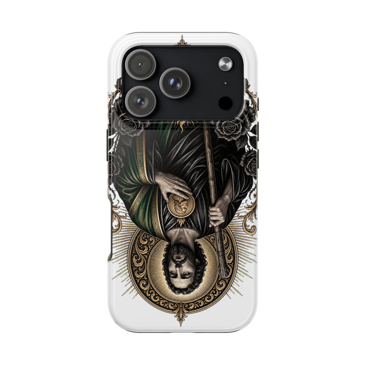 iPhone 17 Pro San Judas phone case with black and gold Sacred Heart artwork