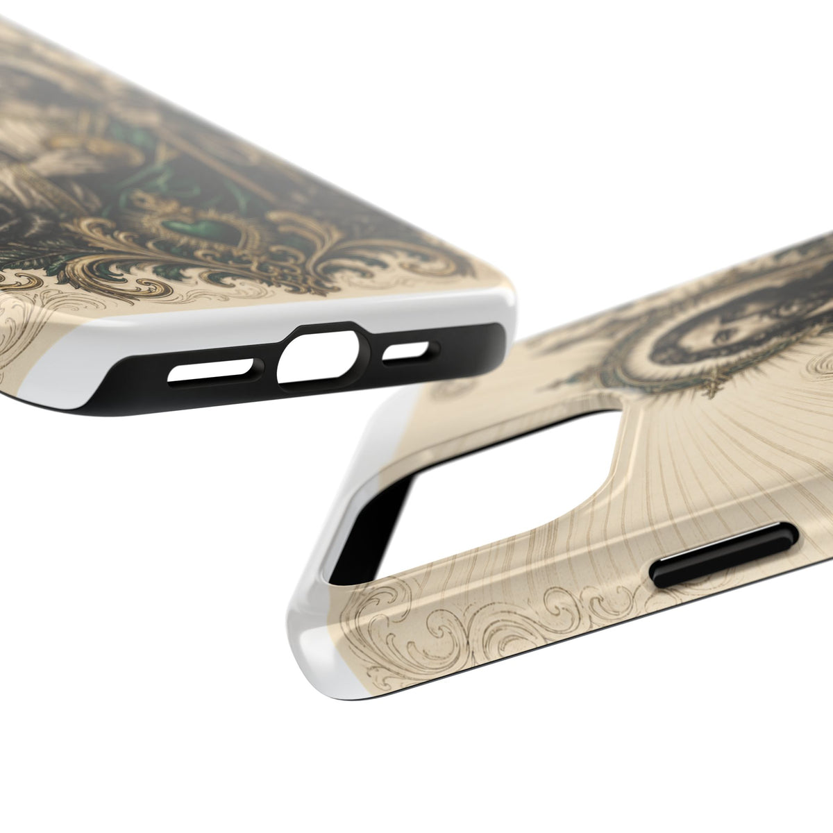 San Judas phone case with emerald and gold Sacred Heart artwork, detail view 20
