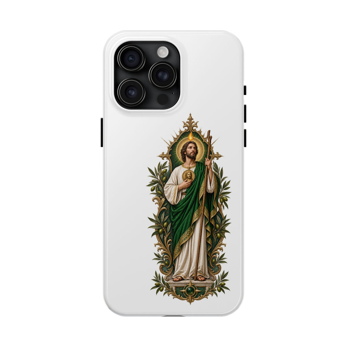 iPhone 15 Pro Max San Judas phone case with olive and antique gold reliquary artwork