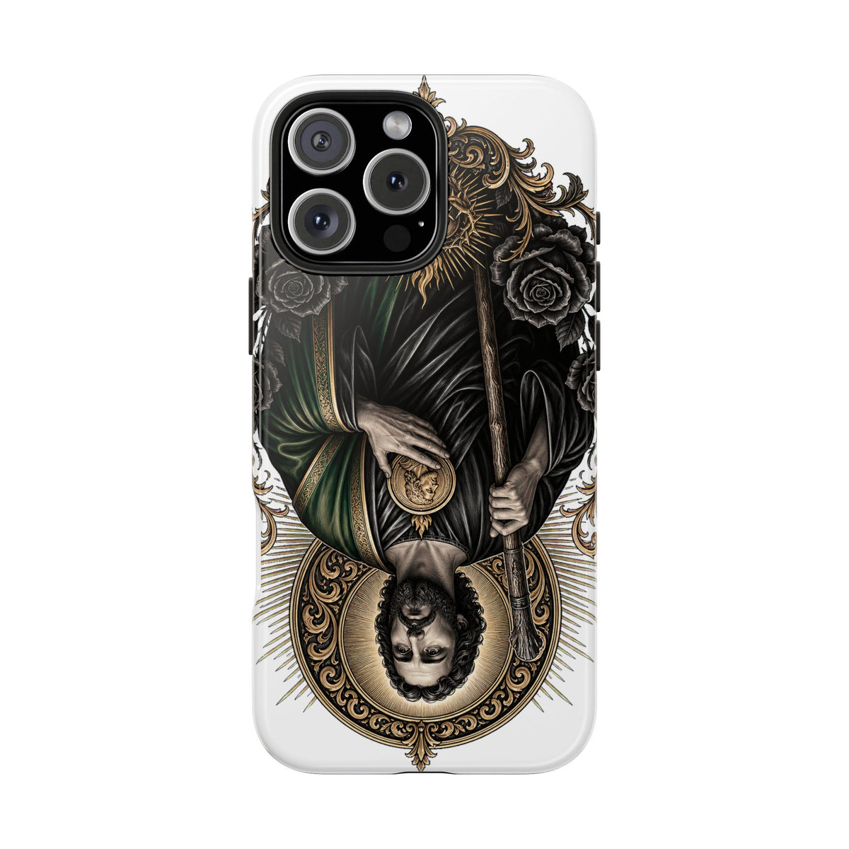 iPhone 16 Pro Max San Judas phone case with black and gold Sacred Heart artwork