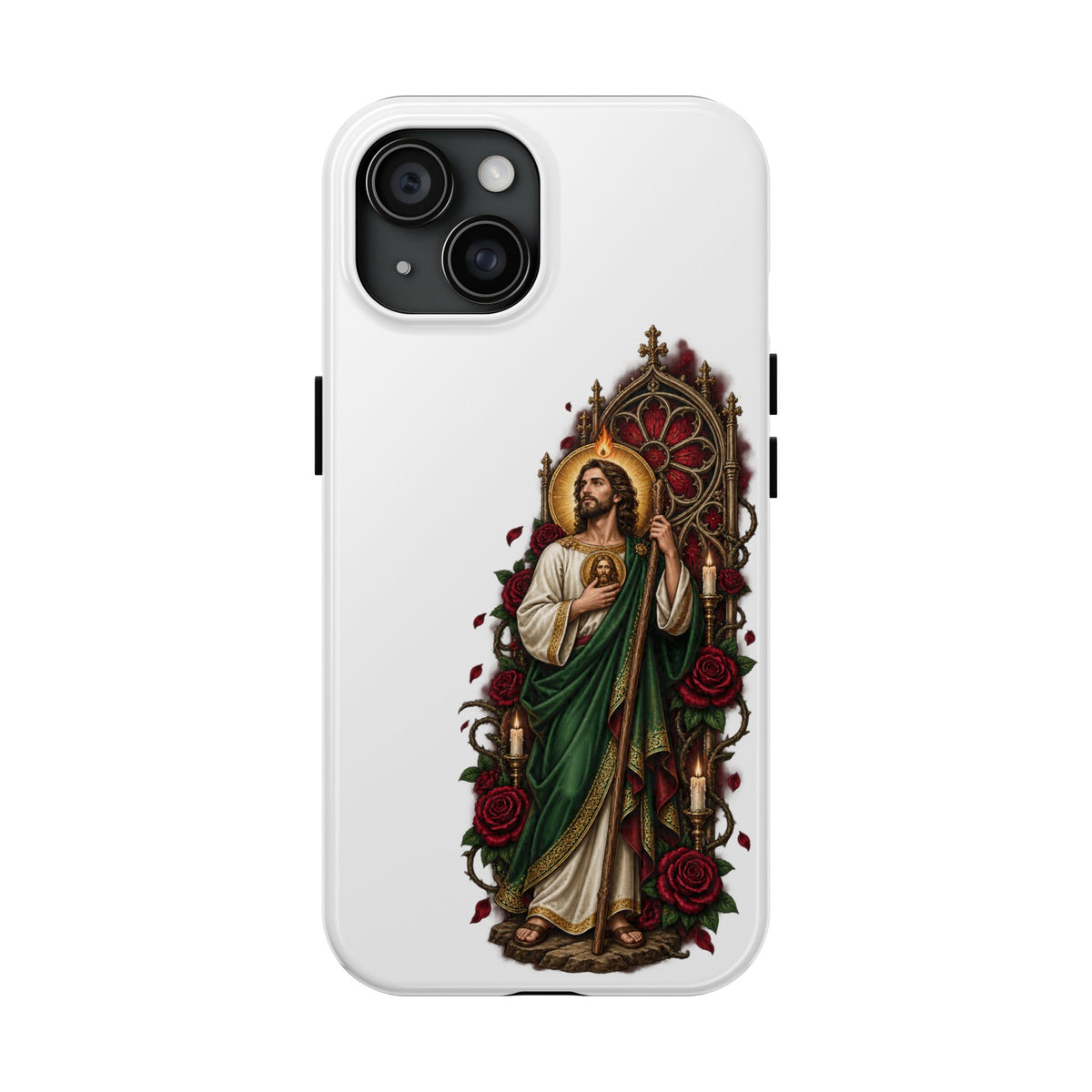 iPhone 15 San Judas phone case with crimson rose window artwork
